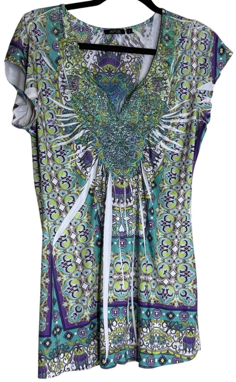 Apt 9 Y2K Paisley Boho Embellished Flutter Sleeve Top Small Green Purple Tunic
